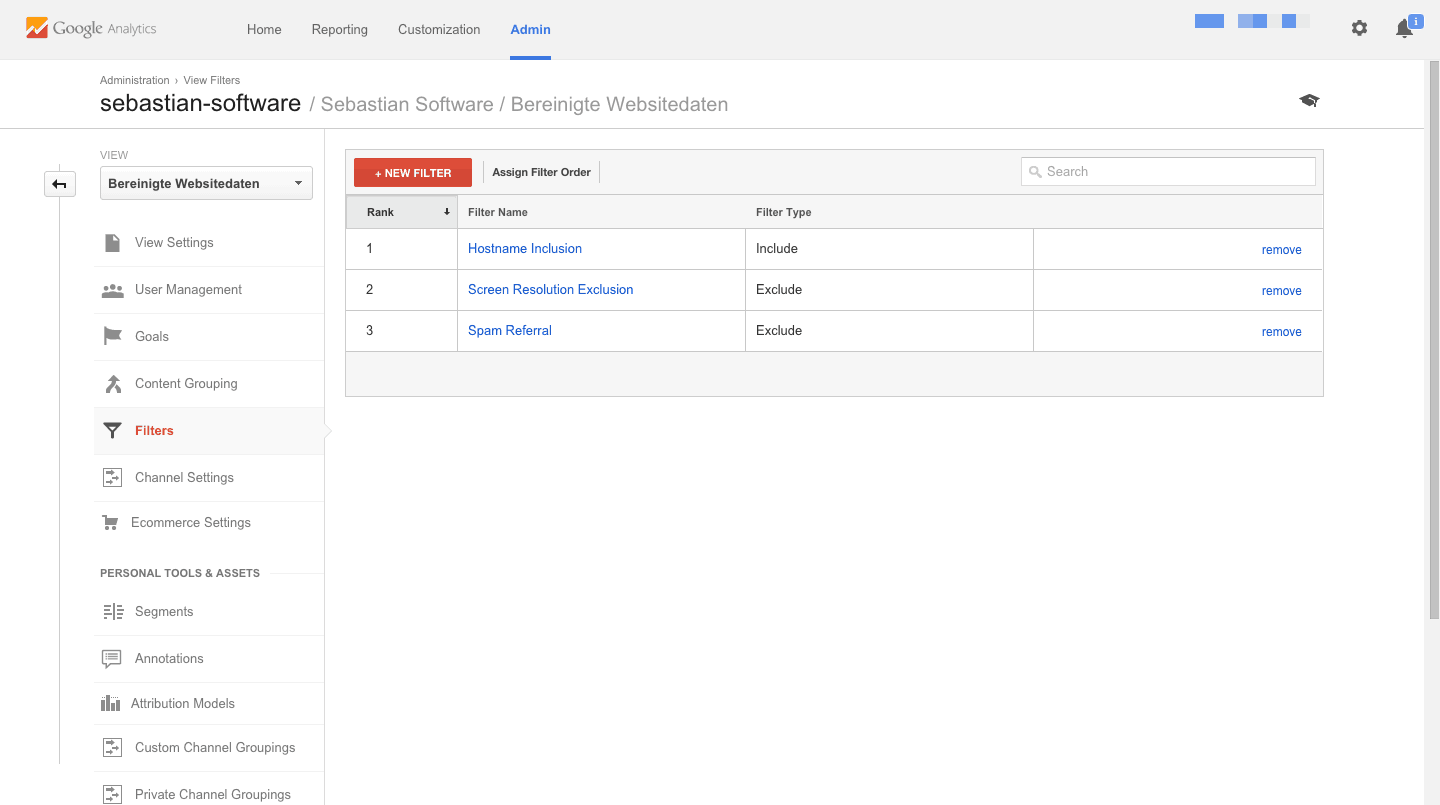 Filterliste des bereinigten Views